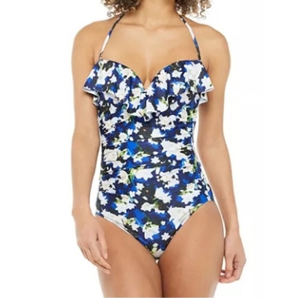 NICOLE MILLER Swim Suit 1 Piece Ruffle Blue Floral Large - Picture 1 of 6